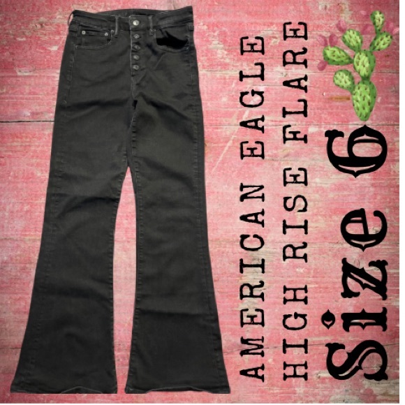 American Eagle High Rise Flare Black Button Fly Jeans Size 6 Regular - Picture 1 of 5
